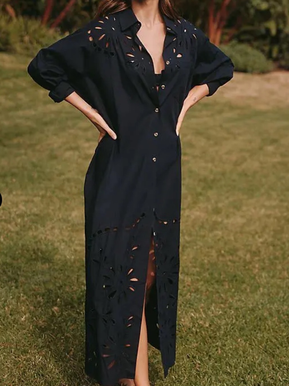 Anthropologie Celedine Black Eyelet Maxi Shirt Dress Women’s Size L Boho Chic
